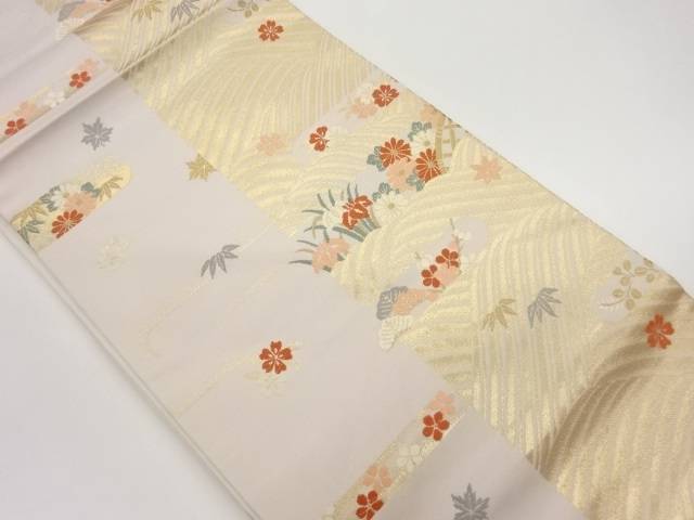 荒波にヱ霞・草花模様織出し名古屋帯【中古】【着】