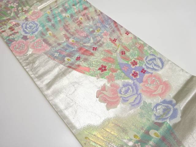 薔薇に孔雀模様織り出し　袋帯【中古】【着】
