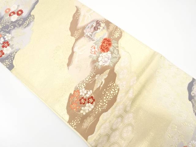 道長取りに鶴・花丸模様織り出し　袋帯【中古】【着】