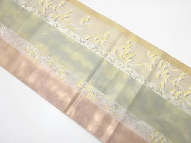 縞に松・秋草模様織り出し 袋帯【中古】【着】