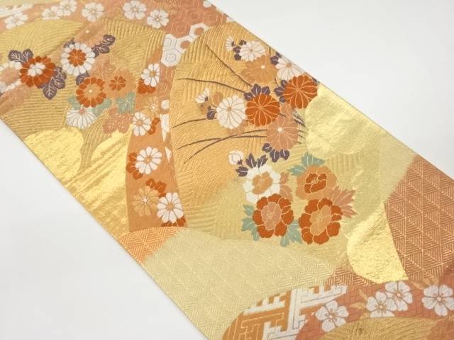 花々に波・雲模様織出し袋帯【中古】【着】