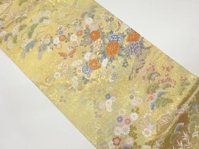 花々に蝶模様織出し袋帯【中古】【着】