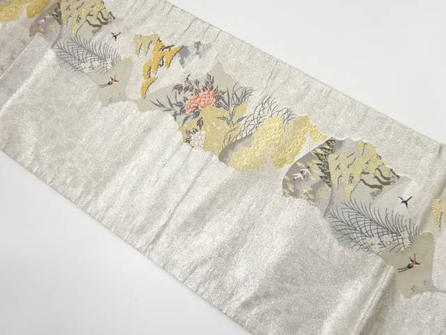 変わり縞に双鶴・草花模様織り出し　袋帯【中古】【着】