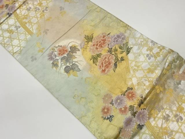 花々に光悦垣模様織出し袋帯【中古】【着】