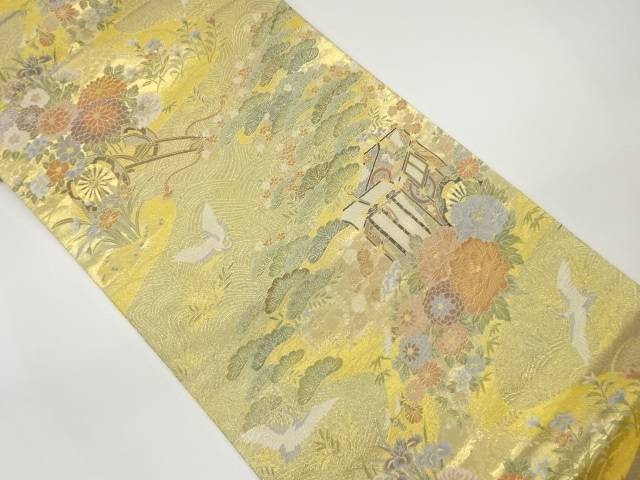 御所車に花車・鶴・草花模様織出し袋帯【中古】【着】