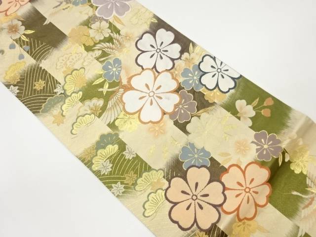 縞に桜・松鶴模様織出し袋帯【中古】【着】｜Kimono-Shinei　２号店