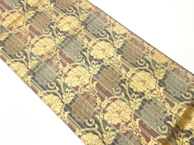 牡丹唐草模様織出し袋帯【中古】【着】