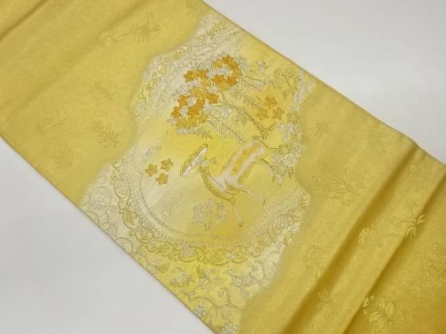 動物に草花・花唐草模様織出し袋帯【中古】【着】