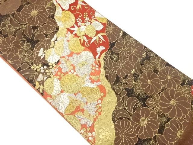道長取りに桐唐草・花々模様織出し袋帯【中古】【着】