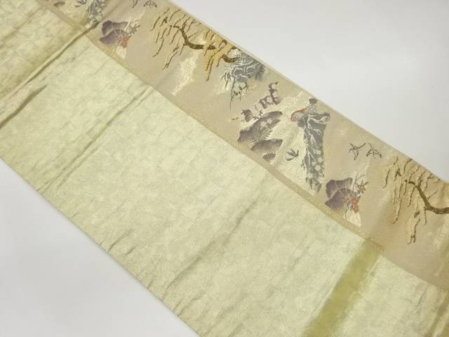 格子に花鳥・松模様織出し袋帯【中古】【着】