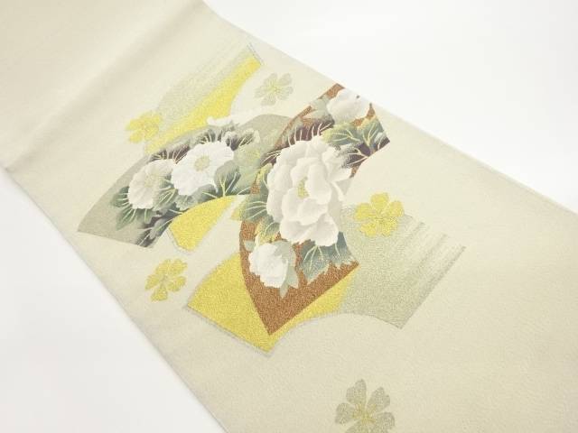 綴れ地紙に花々模様織出し袋帯【中古】【着】