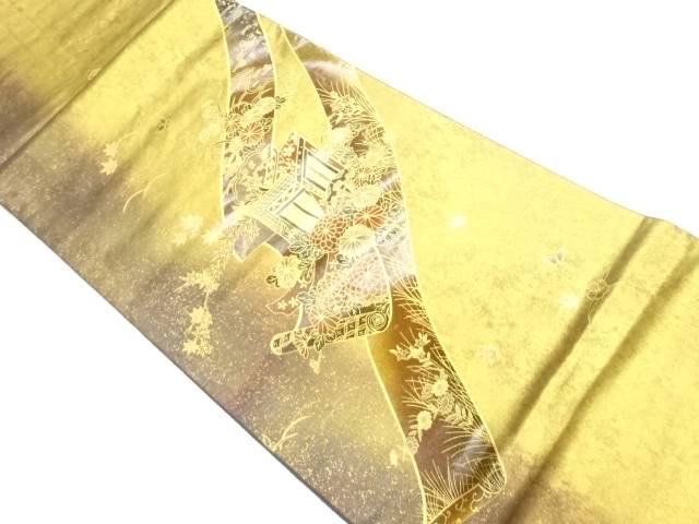 作家物　金彩御所車に巻物・草花模様袋帯【中古】【着】