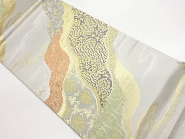道長取りに花鳥・荒波・古典柄模様織出し袋帯【中古】【着】