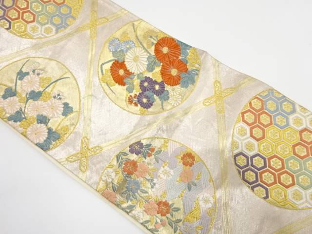 丸紋に流水・枝垂れ桜・菊模様織り出し　袋帯【中古】【着】