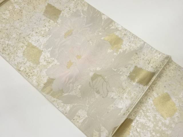 服部織物製　こはく錦引箔牡丹模様袋帯【中古】【着】
