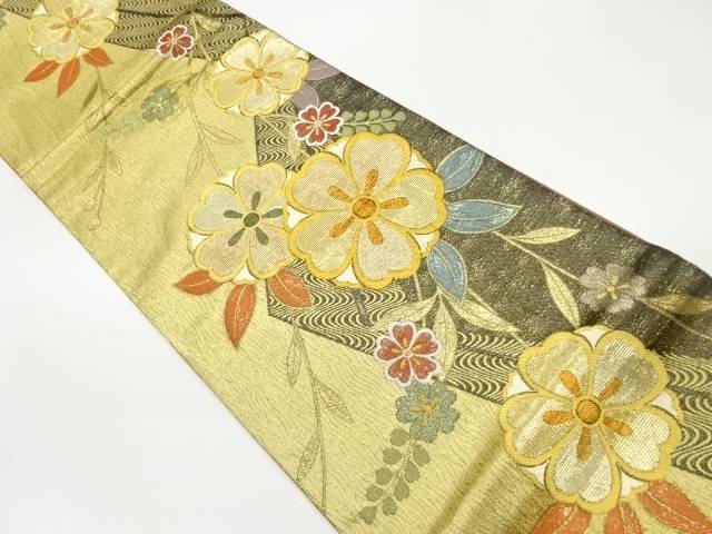 斜線に流水・草花模様織出し袋帯【中古】【着】