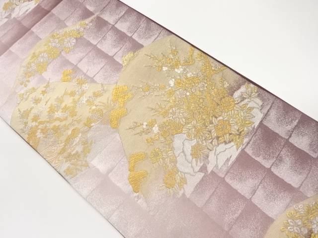 山並みに梅・紅葉・鴛鴦模様織出し袋帯【中古】【着】