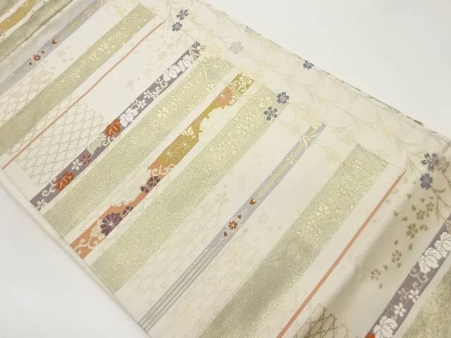 横縞に花唐草・桜散らし・雪輪・菊模様織出し名古屋帯【中古】【着】 15,408円