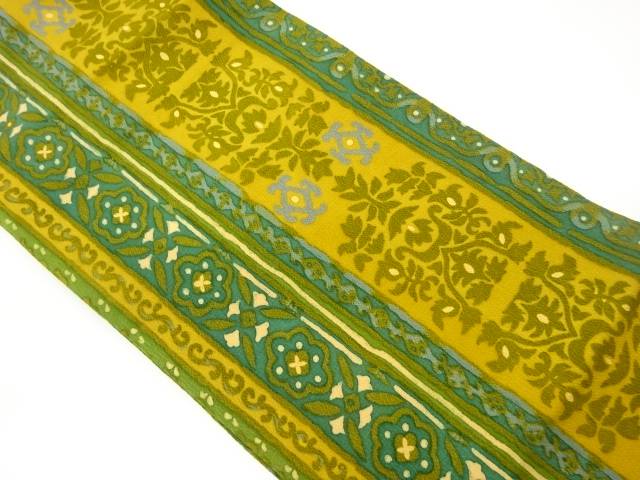 縮緬地型染縞に草花模様名古屋帯【中古】【着】