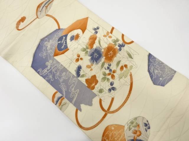 手描き　貝桶に草花模様丸帯（材料）【アンティーク】【中古】【着】