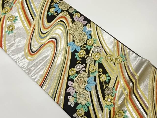流水に草花模様織出し袋帯【中古】【着】