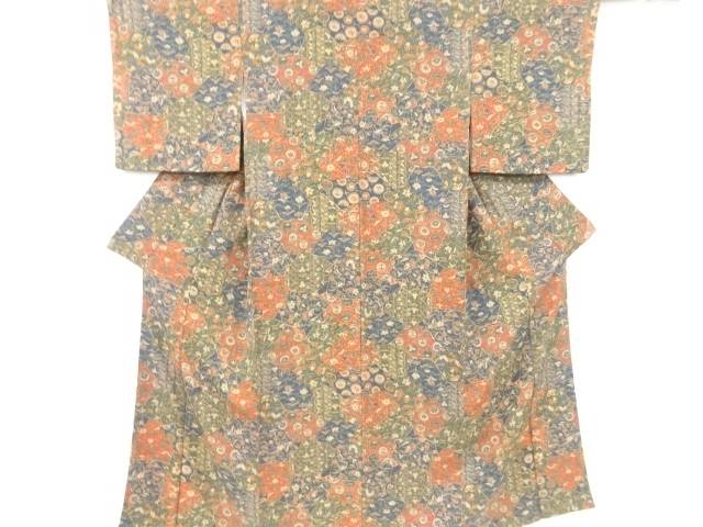 石畳に草花模様小紋着物【中古】【着】