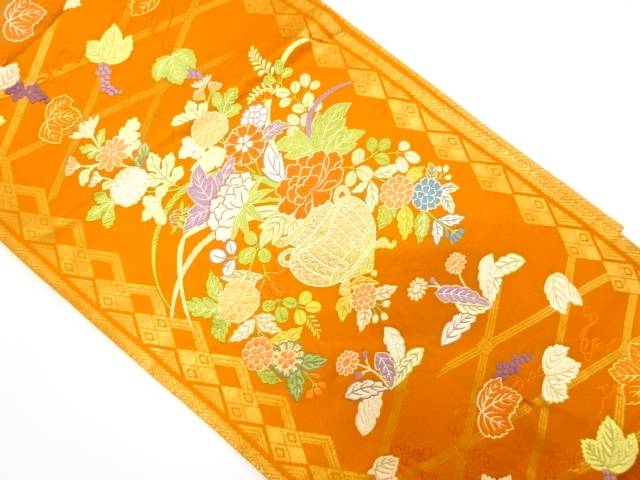 花瓶に花模様織り出し　袋帯【中古】【着】