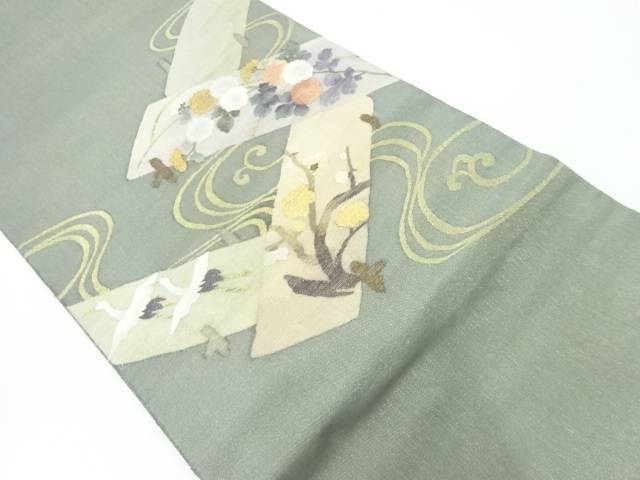 聚楽製　すかし織群鶴に草花模様織出し袋帯【中古】【着】