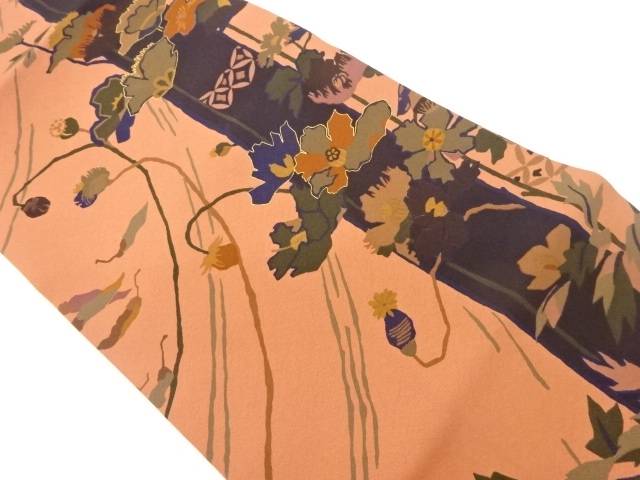 金彩縞に草花模様名古屋帯【中古】【着】