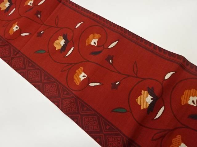 抽象花唐草模様織出し洒落袋帯【中古】【着】