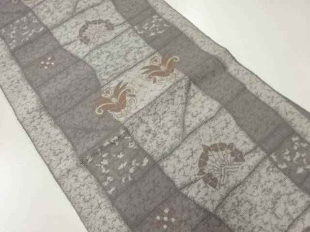 横段に草花模様織出し名古屋帯【中古】【着】