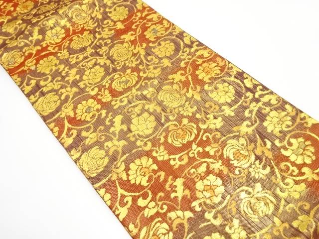 牡丹唐草模様織り出し　全通袋帯（材料）【アンティーク】【中古】【着】