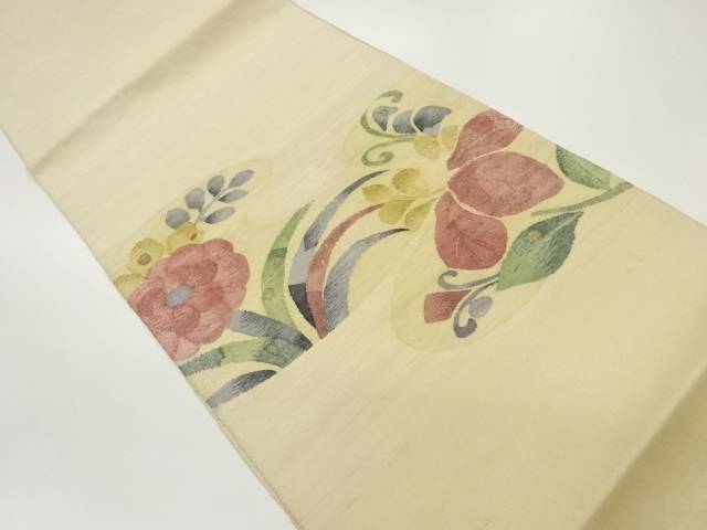 手織り紬草花模様織出し袋帯【中古】【着】