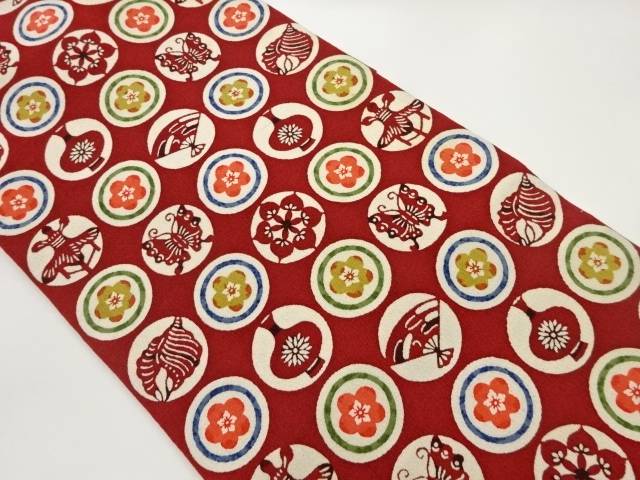 上代紬型染丸文に花・蝶・貝模様名古屋帯【中古】【着】