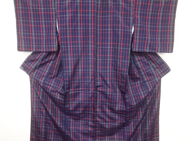 格子模様織出し米沢紬着物アンサンブル【中古】【着】【Pnt】