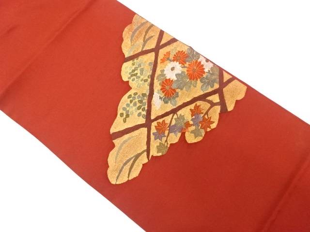 雲取りに秋草模様織り出し　袋帯【中古】【着】