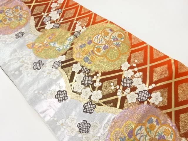 蝶に花模様織り出し袋帯【中古】【着】