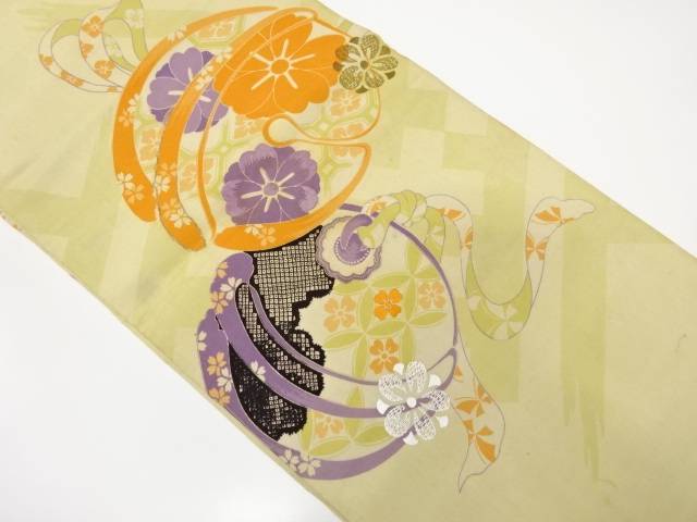 鈴に花模様刺繍丸帯（材料）【アンティーク】【中古】【着】