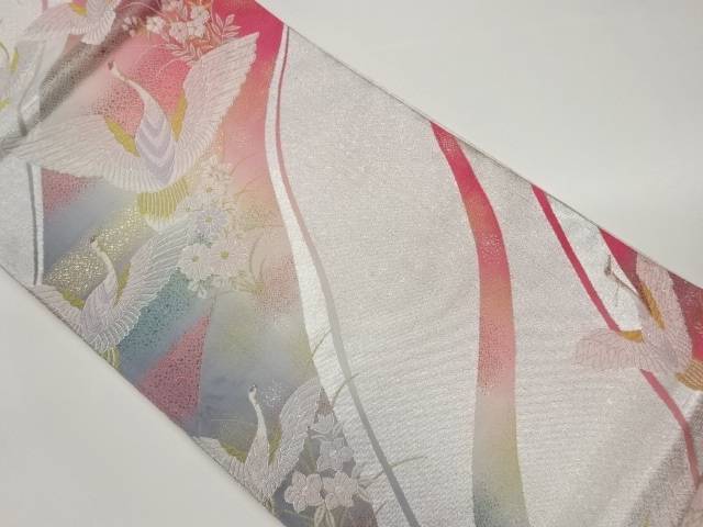 群鶴に秋草・曲線模様織出し袋帯【中古】【着】 14,800円
