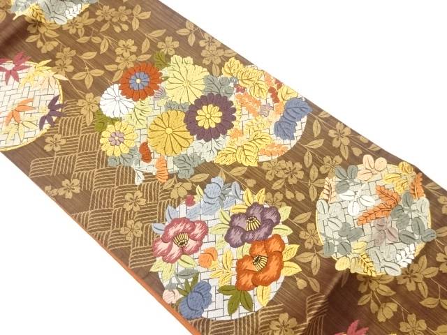 唐織菊に椿・笹模様織出し袋帯【中古】【着】 14,800円