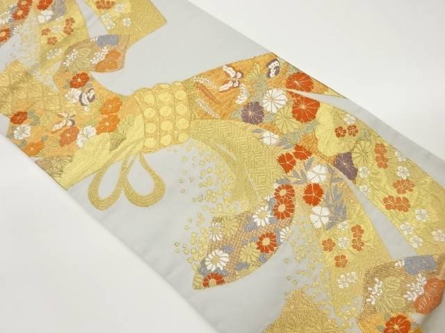 束ね熨斗に草花模様織出し袋帯【中古】【着】