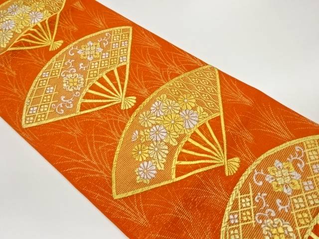 絽扇に花唐草・菊模様織出し袋帯【中古】【着】