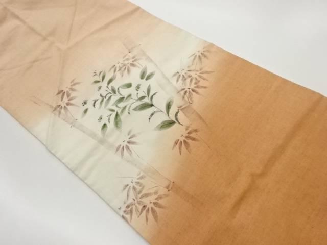 手織り紬手描き竹に笹・草花模様名古屋帯【中古】【着】