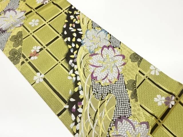 格子に桜模様織出し袋帯【中古】【着】
