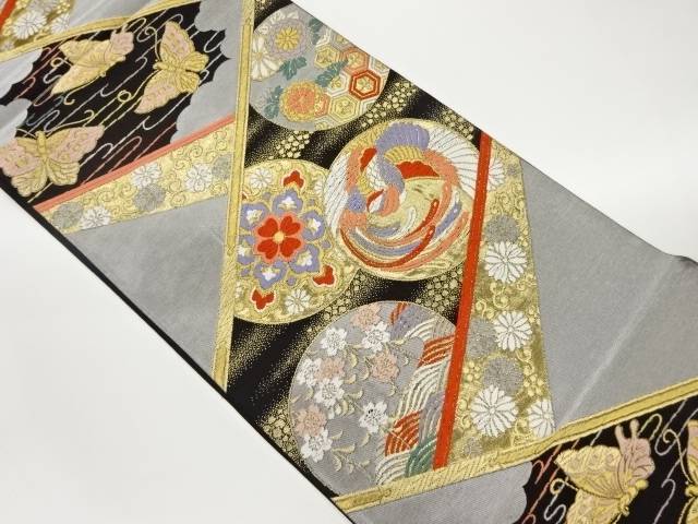 丸文に花々・鳳凰・蝶模様織出し袋帯【中古】【着】