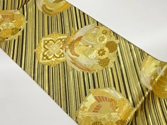 斜線・花丸文に蝶・鳳凰模様織出し袋帯【中古】【着】