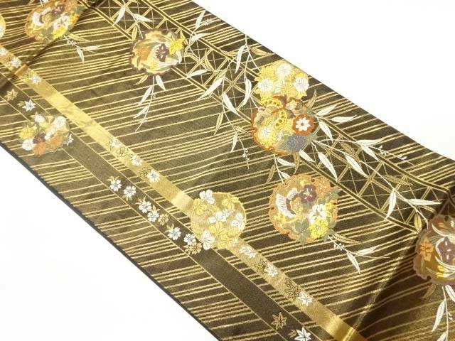 雪輪に花々・蝶模様織出し袋帯【中古】【着】