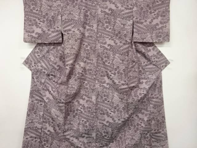 橋に家屋・草花模様織出し手織り紬着物【中古】【着】｜Kimono-Shinei　２号店