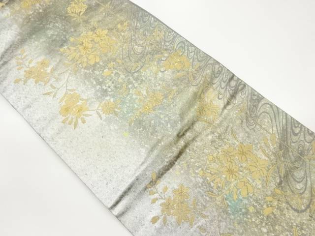 引箔草花に流水模様織出し名古屋帯【中古】【着】