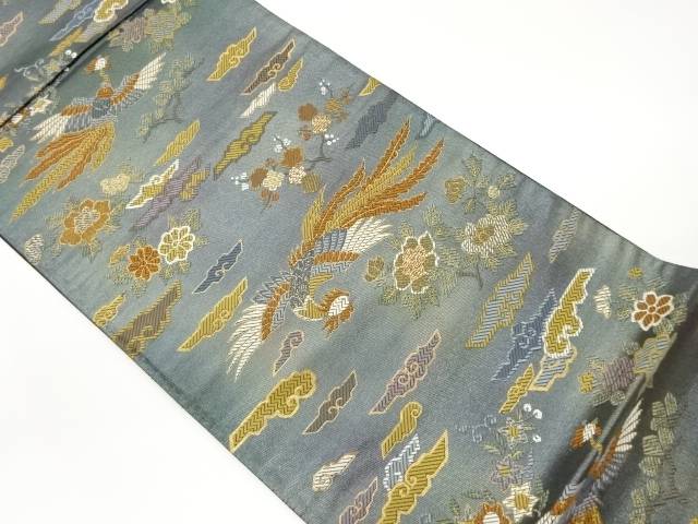 鳳凰・草花に雲取り模様織出し袋帯【中古】【着】
